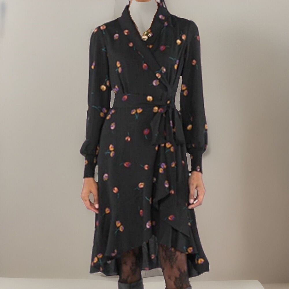 Cabi Divine Floral Full True Wrap Dress Womans Large Black Floral Smocked Wrists